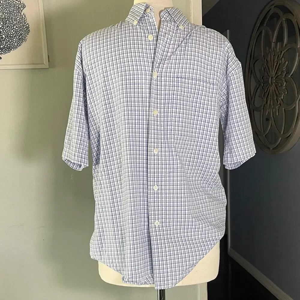 Haggar Men's Light Blue Plaid Button Down Shirt
